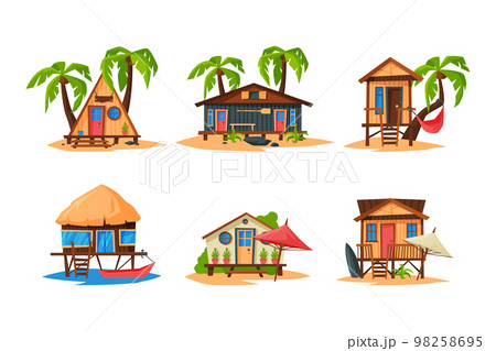 Beach wooden huts, bungalows on exotic topical beach. Summer vacation and travel concept cartoon vector illustration 98258695