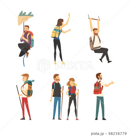 Tourists on vacation set. Male and female travelers hiking, climbing mountain, backpacking and hitchhiking. Seasonal recreation, adventure trip concept cartoon vector illustration Tourists on vacation set. Male and female travelers hiking, climbing mountain, backpacking and hitchhiking. Seasonal recreation, adventure trip concept cartoon vector illustration 98258779