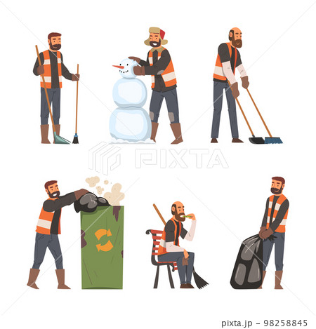 Man garbage collector collecting and sorting waste for recycling. Janitor, sweeper cleaning street and making snowman cartoon vector illustration Man garbage collector collecting and sorting waste for recycling. Janitor, sweeper cleaning street and making snowman cartoon vector illustration 98258845