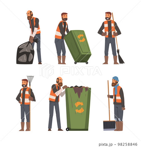 Man garbage collector collecting and sorting waste for recycling. Janitor, sweeper, cleaner cleaning street cartoon vector illustration 98258846