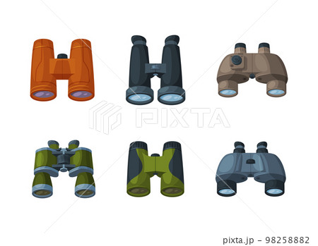Set of binoculars optical equipment. Magnifying optical devices cartoon vector illustration Set of binoculars optical equipment. Magnifying optical devices cartoon vector illustration 98258882