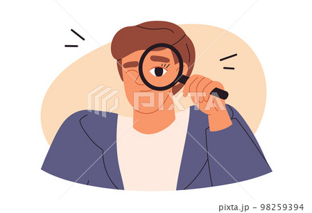 Finding Solutions concept. Business man is making research with a magnifying glass. Find technology idea. Flat vector illustration 98259394