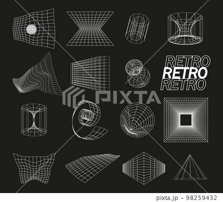 Retrofuturistic, wireframe line elements vector set. Perspective grids in cyberpunk style. Polar grid, portals circle. Abstract geometry, blackhole Retrofuturistic, wireframe line elements vector set. Perspective grids in cyberpunk style. Polar grid, portals circle. Abstract geometry, blackhole 98259432