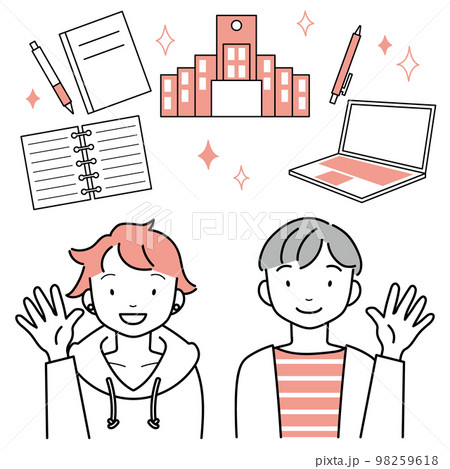 大学生活を想像する 笑顔の若い男女 大学生活を想像する 笑顔の若い男女 98259618