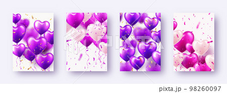 Valentine's Day banners with violet heart balloons. Wedding invitation card template, love background. Mother's Day greeting cards. Beautiful romantic banner. Vector illustration Valentine's Day banners with violet heart balloons. Wedding invitation card template, love background. Mother's Day greeting cards. Beautiful romantic banner. Vector illustration 98260097