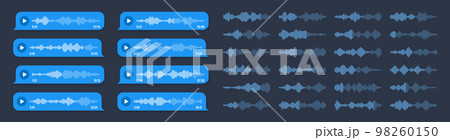 Voice, audio message, blue speech bubble. SMS text frame. Social media chat or messaging app conversation. Voice assistant, recorder. Sound wave pattern. Dark mode. Vector illustration Voice, audio message, blue speech bubble. SMS text frame. Social media chat or messaging app conversation. Voice assistant, recorder. Sound wave pattern. Dark mode. Vector illustration 98260150