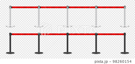 Realistic red retractable belt stanchion. Crowd control barrier posts with caution strap. Queue lines. Restriction border and danger tape. Attention, warning sign. Vector illustration 98260154