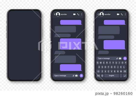Realistic smartphone with messaging app. Blank SMS text frame. Conversation chat screen with violet message bubbles. Social media application. Vector illustration. 98260160