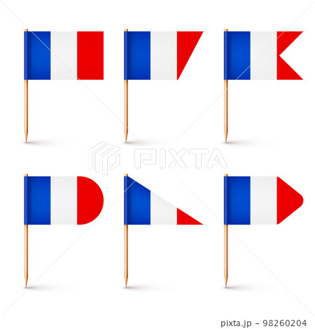 Realistic various French toothpick flags. Souvenir from France. Wooden toothpicks with paper flag. Location mark, map pointer. Blank mockup for advertising and promotions. Vector illustration 98260204