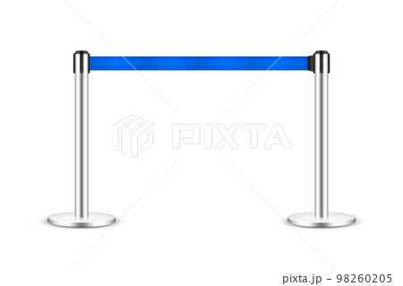 Realistic blue retractable belt stanchion. Crowd control barrier posts with caution strap. Queue lines. Restriction border and danger tape. Attention, warning sign. Vector illustration 98260205