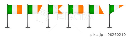 Realistic various Irish table flags on a black steel pole. Souvenir from Ireland. Desk flag made of paper or fabric, shiny metal stand. Mockup for promotion and advertising. Vector illustration Realistic various Irish table flags on a black steel pole. Souvenir from Ireland. Desk flag made of paper or fabric, shiny metal stand. Mockup for promotion and advertising. Vector illustration 98260210