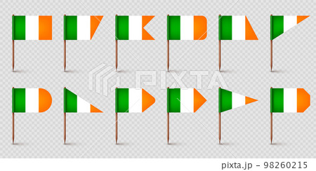 Realistic various Irish toothpick flags. Souvenir from Ireland. Wooden toothpicks with paper flag. Location mark, map pointer. Blank mockup for advertising and promotions. Vector illustration 98260215