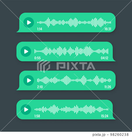 Voice, audio message, green speech bubble. SMS text frame. Social media chat or messaging app conversation. Voice assistant, recorder. Sound wave pattern. Dark mode. Vector illustration 98260238