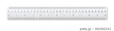 Realistic plastic ruler with measurement scale and divisions, measure marks. School ruler, centimeter and inch scale for length measuring. Office supplies. Vector illustration 98260241