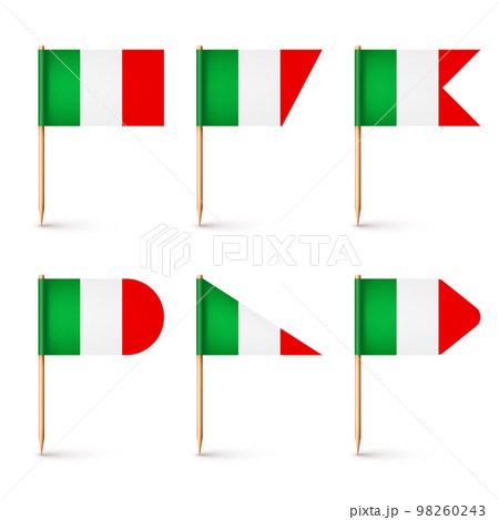 Realistic various Italian toothpick flags. Souvenir from Italy. Wooden toothpicks with paper flag. Location mark, map pointer. Blank mockup for advertising and promotions. Vector illustration Realistic various Italian toothpick flags. Souvenir from Italy. Wooden toothpicks with paper flag. Location mark, map pointer. Blank mockup for advertising and promotions. Vector illustration 98260243