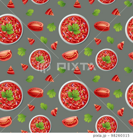 Seamless pattern with salsa, tomatoes and cilantro. Texture with traditional mexican food. Great for fabric, wallpaper, menu Seamless pattern with salsa, tomatoes and cilantro. Texture with traditional mexican food. Great for fabric, wallpaper, menu 98260315