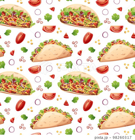 Seamless pattern with tacos. Texture with traditional mexican food. Great for wallpapers, menu decor, restaurants. Seamless pattern with tacos. Texture with traditional mexican food. Great for wallpapers, menu decor, restaurants. 98260317