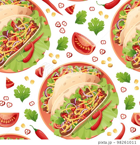 Seamless pattern with tacos. Texture with traditional mexican food. Great for wallpapers, menu decor, restaurants 98261011