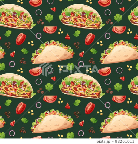 Seamless pattern with tacos. Texture with traditional mexican food. Great for wallpapers, menu decor, restaurants. Seamless pattern with tacos. Texture with traditional mexican food. Great for wallpapers, menu decor, restaurants. 98261013