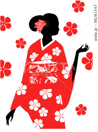 着物を着た女性のシルエットと桜の花 着物を着た女性のシルエットと桜の花 98261547