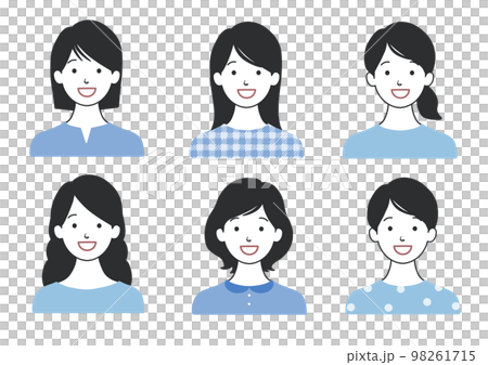 微笑的女性圖標集各種髮型變化藍色 B 98261715