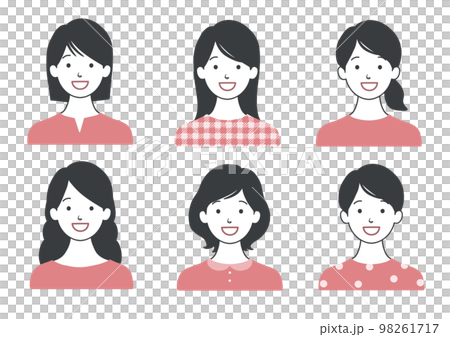 笑顔の女性アイコンセット 髪型色々バリエーション ピンクB 98261717