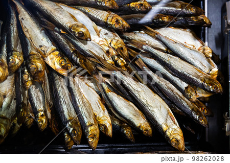 Cold smoked fish on store counter Cold smoked fish on store counter 98262028