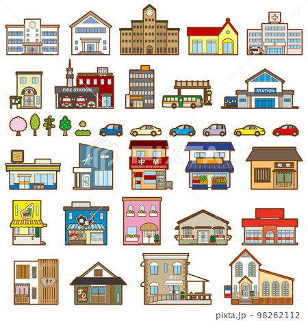 様々な建物のベクターイラスト. 建物の正面図. 様々な建物のベクターイラスト. 建物の正面図. 98262112