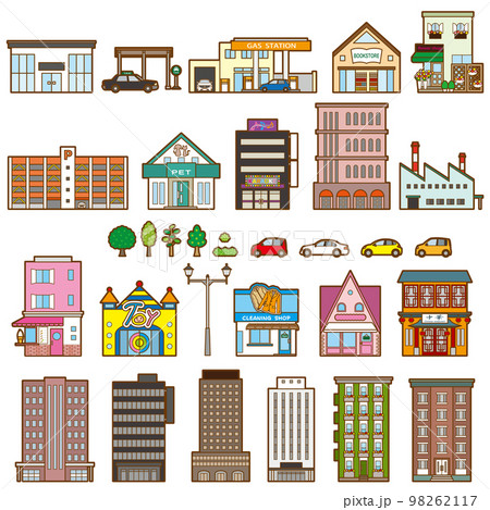 様々な建物のベクターイラスト. 建物の正面図. 98262117