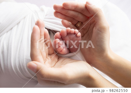 Small feet of a newborn in the hands of a parent. Loving palms of mother's hands. Conceptual image of motherhood. Close-up, selective focus. Professional photography on a white background. 98262550