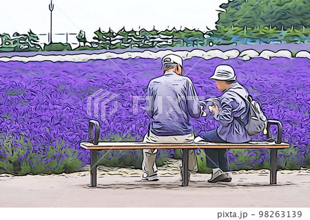 パステル調 ”ラベンダー畑とベンチに座る老夫婦” イラストイメージ パステル調 ”ラベンダー畑とベンチに座る老夫婦” イラストイメージ 98263139