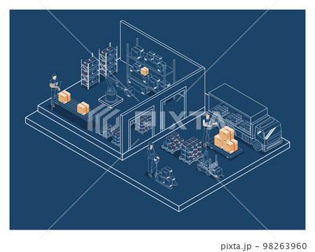 3D isometric Warehouse Logistic concept with Workers loading products on the trucks, Transportation operation service, Export, Import, forklift, pallets, cardboard boxes. Vector illustration EPS 10 3D isometric Warehouse Logistic concept with Workers loading products on the trucks, Transportation operation service, Export, Import, forklift, pallets, cardboard boxes. Vector illustration EPS 10 98263960
