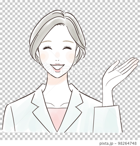 A woman in a white coat guiding with a smile A woman in a white coat guiding with a smile 98264748