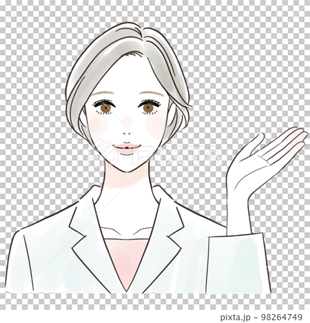 A woman in a white coat guiding with a smile A woman in a white coat guiding with a smile 98264749