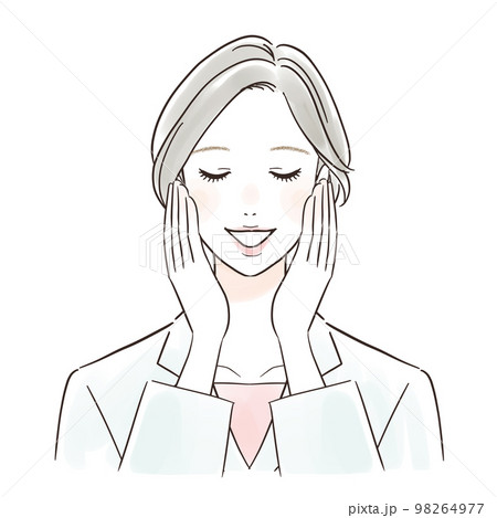 両手で頰を触ってリラックスする白衣の女性 98264977