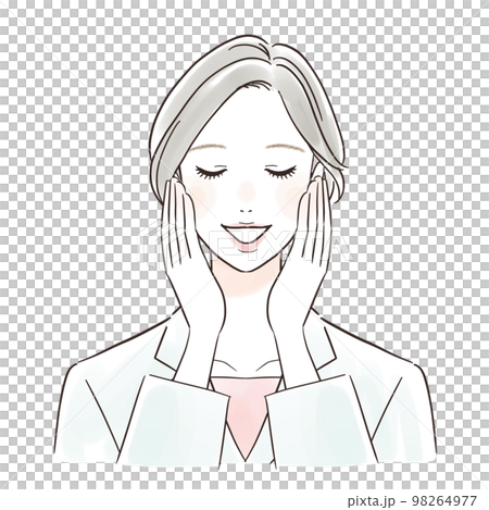 両手で頰を触ってリラックスする白衣の女性 98264977