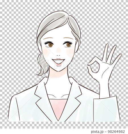 一個穿白大衣的女人微笑著做出好的手勢 98264982