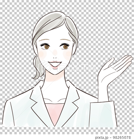 A woman in a white coat guiding with a smile A woman in a white coat guiding with a smile 98265078