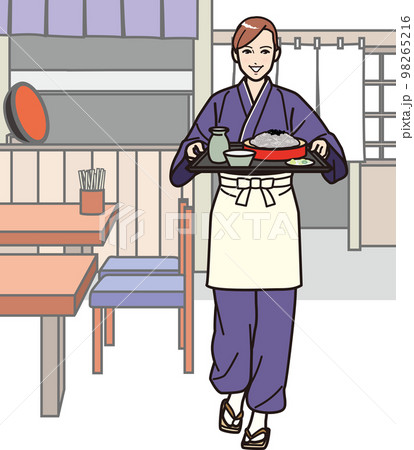 そば屋の店員A　蕎麦を運ぶ　店内　全身 98265216