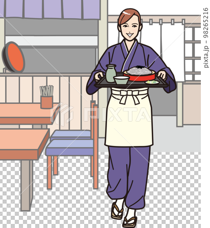 そば屋の店員A　蕎麦を運ぶ　店内　全身 98265216