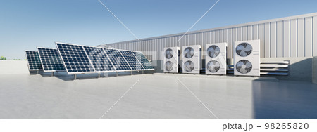 3d rendering of solar panel, condenser unit on rooftop. 3d rendering of solar panel, condenser unit on rooftop. 98265820