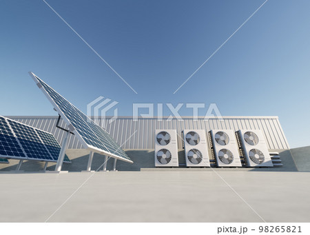 3d rendering of solar panel, condenser unit on rooftop. 98265821