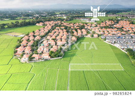 Land, house, residential area and satellite in aerial view.  98265824