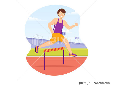 Athlete Run Hurdle Long Jump Sportsman Game Illustration in Obstacle Running for Web Banner or Landing Page in Flat Cartoon Hand Drawn Templates 98266260