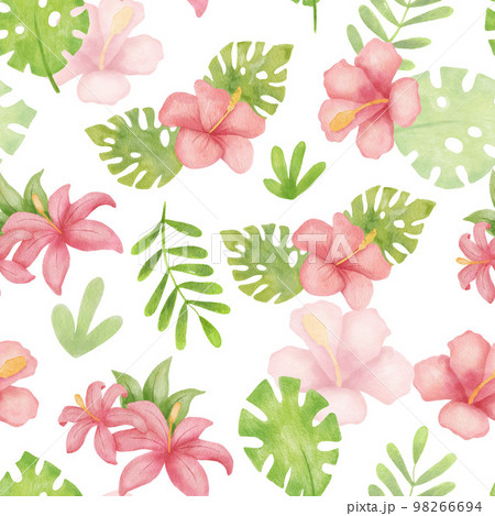 Watercolor tropical seamless pattern with pink hibiscus and leaves on white. Summer floral print Watercolor tropical seamless pattern with pink hibiscus and leaves on white. Summer floral print 98266694