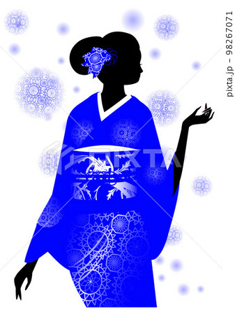 着物を着た女性のシルエットと花柄と水玉 着物を着た女性のシルエットと花柄と水玉 98267071
