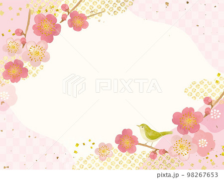 水彩手書きの花と鶯の背景 98267653