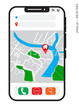 map on phone with a pin as a house and black phone frame : vector. map on phone with a pin as a house and black phone frame : vector. 98267985