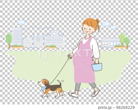Illustration of a young pregnant woman walking the dog 98268229