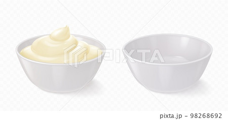 White bowl with mayonnaise, cheese sauce, yogurt White bowl with mayonnaise, cheese sauce, yogurt 98268692